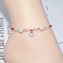 Hand-woven Korean student anklet year of life red rope safety buckle abacus bell simple jade anklet female