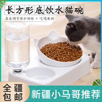Xinjiang boxed with drinking bottle rectangular base cat double bowl adjustable semi-automatic drinking water neck cat bowl
