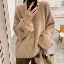 Mink velvet sweater women wear 2021 new autumn and winter pullover v neck mohair loose lazy sweater