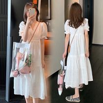 Small maternity dress Summer fashion Western style Lace white dress Long summer thin temperament summer large size
