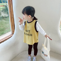  Girls  long-sleeved t-shirt autumn 2021 new Korean version of childrens spring and autumn western style loose fake two-piece childrens tops tide