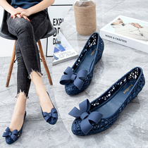 Tide brand plastic rain shoes womens summer fashion hollow breathable jelly waterproof single shoes slope high-heeled bow beach sandals