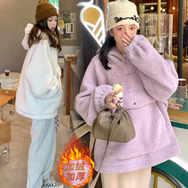Maternity wear autumn and winter clothes plus velvet padded padded hooded loose top jacket winter dress set fashion