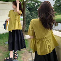 Maternity dress Summer suit Net red summer short sleeve solid color top half skirt Korean version maternity dress summer