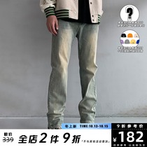 KREATE yellow mud dyed tanning cloth heavy industry washed old straight SLIM improved version jeans High Street men