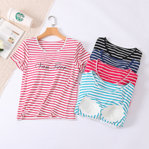 Modal Womens Summer New Short Sleeve Pajamas with Chest Cushion Korean Striped Half Sleeve Print Casual T-Shirt Pajamas can be worn outside