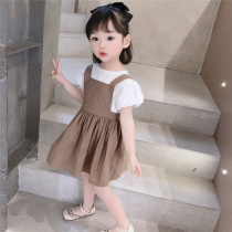 Korean girls strap skirt suit 2021 summer new female baby short-sleeved two-piece set summer childrens clothing