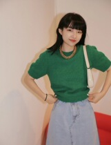 South Korean small crowdhole filial piety with a retro romantic bubble sleeve round collar short sleeves Knitted Cardiovert 21 Summer