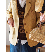 Gemini set mu England retro 60 wool delicate yellow flower herringbone wool suit jacket