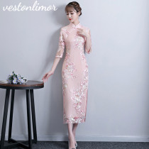 Wessen Li Mo Chunqiu 2021 new improved cheongsam temperament lace embroidery sexy elegant slim dress