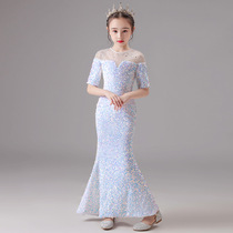 Girls evening dress slim princess dress new childrens white host high-end sequin piano performance fishtail skirt