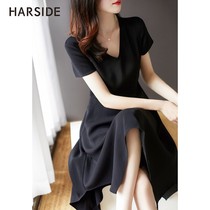 HARSIDE light luxury French waist dress V-neck irregular skirt Hepburn small black dress high-end professional skirt