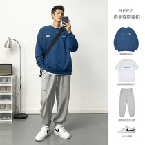 REEZ (shopkeeper wear) 2021 autumn and winter plus velvet sweater mens round neck loose casual Tide brand ins womens top