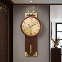 New Chinese style brass deer head solid wood wall clock home atmospheric decoration mute clock living room fashion wall quartz watch
