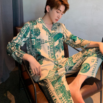 New pajamas mens long sleeves ice silk dollar dollar vintage autumn thin loose imitation silk loungewear set
