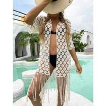 Cross-border new beach bikini blouse European and American hollow crochet knit top sexy long tassel sunscreen cardigan