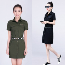 2020 Womens summer and autumn black hip step skirt lapel short sleeve medium long section army green military dress