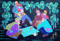 Music in the chess game farmhouse music Shaanxi Huxian peasant painting white Xu number handmade painting size 52x76cm