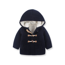 Qingkura Spring Autumn New Boy Academy Wind Horn Buttons Woolen Sweater Children Among Children Long style Windcoat Jacket