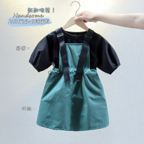 Girls summer short sleeve T-shirt strap skirt set 2021 new girls foreign style Net red summer dress drawstring two-piece 9