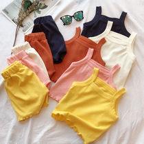 Girl suit 2019 summer fit new baby Korean version pure color soft and comfortable sleeveless jacket shorts suit