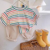 Rainbow stripe T Korean childrens foreign style Joker thin short-sleeved shirt for boys and girls casual breathable T-shirt tide