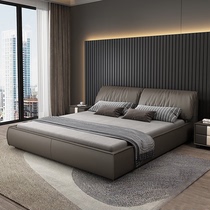 Italian minimalist top layer cowskin bed modern simple light luxury master bedroom leather bed floor soft bag high-end double wedding bed