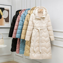 Autumn and winter New 90 white duck down women long knee down jacket belt slim slim thin removable hat Korean version