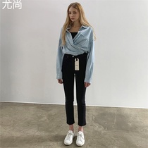 Spring and Autumn 2021 New slim straight tube eight points Black jeans women high waist thin retro nine simple goddess