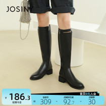 (Zhuo Poetry Official) 2022 New Long Female Round Head Coarse Heel Locomotive Knight Boots Side Pull 100 Hitch Boots