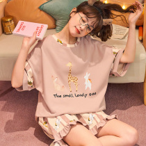 Pajamas womens summer 2021 new cotton short-sleeved two-piece set cute girl thin large size home dress set