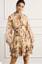 Straight Post UK 2023 new womens bunches waist retro printed long sleeves Mini one-piece dress