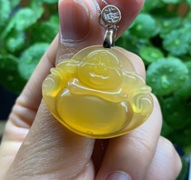 Yang Yujia natural yellow dragon Jade glass chicken oil yellow belly Maitreya Buddha silver clavicle pendant certificate