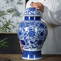 Jingdezhen ceramics blue and white porcelain antique general jar with lid large storage jar Chinese home decoration ornaments