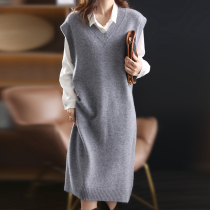 Mid-long autumn and winter thick vest womens knitted long skirt loose sleeveless sweater skirt V-neck cashmere dress
