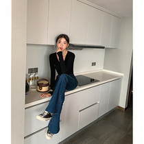 ADA MISS autumn 2021 new high fashion big long leg slim high waist thin dark horn denim trousers women