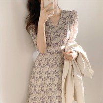  Tide brand retro chiffon floral long skirt summer French niche waist thin temperament V-neck fairy style dress