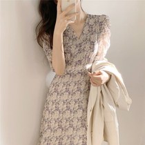 Tide brand retro chiffon floral long skirt summer French niche waist thin temperament V-neck fairy style dress