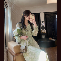 Plum cooked with French style gentle fragré dresses lotus leaf V collar high waist long sleeves one-piece dress spring dress 2022 new women