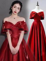 Shoulder toast 2021 simple thin temperament Red Bride wedding thanks dinner satin evening dress female