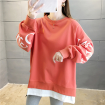 Pregnant womans dress loose large code long sleeve blouse Chauchspring autumn medium long print embroidery fake two pregnant womens necropolis