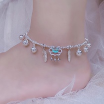 Super fairy light extravagant feather blue moonlight Stone safe lock 925 sterling silver anklet long life lock Bell foot chain female