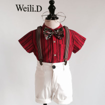 Boys first year red dress male baby birthday party flower boy stand collar short sleeve shirt childrens British style suit