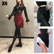 Latin dance dress three-layer encrypted tassel short hip scarf female adult practice dress black and red dance skirt L138