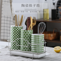 Lu Kuai Kuai fresh green ceramic chopstick tube Light luxury household knives forks spoons and chopsticks rack storage box Nordic black and white ins tide K