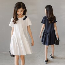Tide brand Girls new simple dress summer big child Western style pure cotton short-sleeved childrens fashion princess skirt