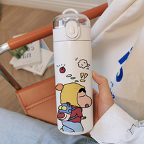 Crayon Little New Cartoon Printed Water Cup Insulated Cup Stainless Steel Mug Cute Straw Bomb Lid Insulated Cup