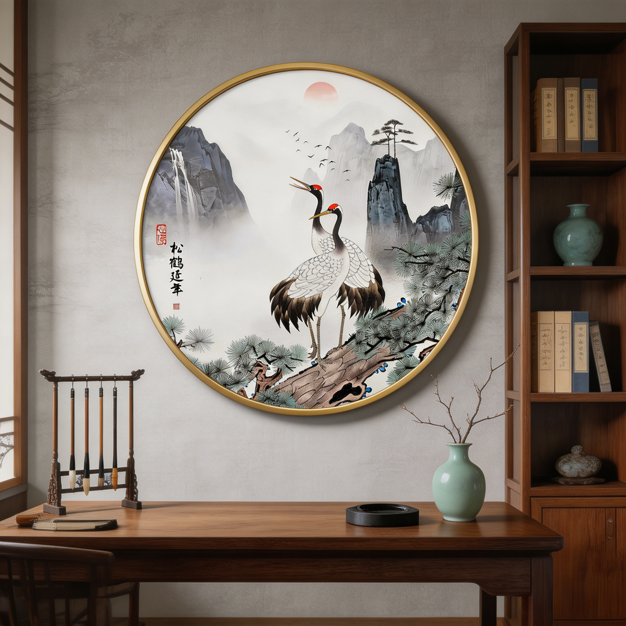 掛軸　花鳥画　松鶴延年図　絹本　手描き　美品 松鹤延年绢本挂画-松鹤延年绢本挂画促销价格、松鹤延年绢本挂画品牌- 淘宝