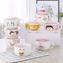  Creative cartoon ceramic instant noodle bowl with lid and handle Student bowl chopsticks set Dormitory bowl Large capacity lunch box sealed bowl