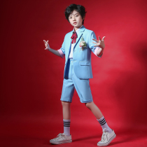 Boy catwalk small suit suit Summer short sleeve boy small suit Flower girl dress Childrens piano performance suit blue
